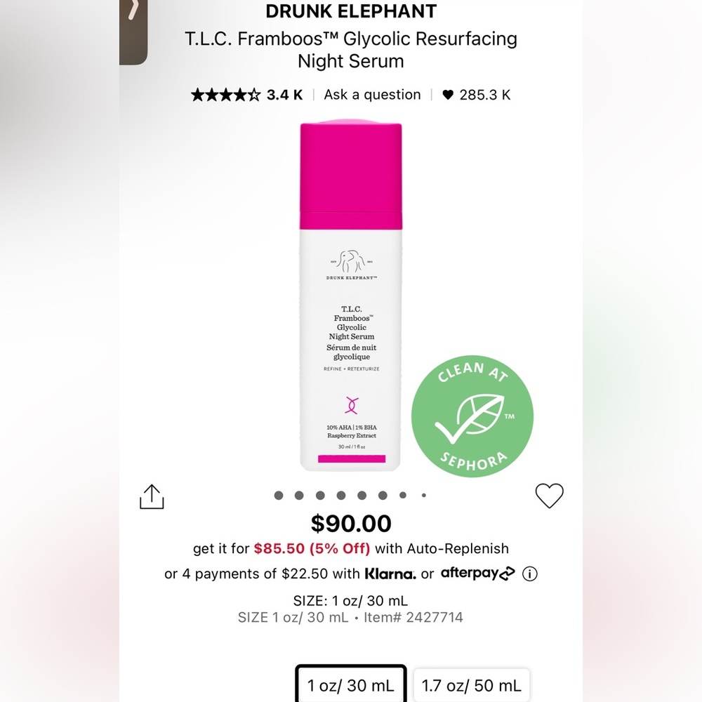 ✨FINAL SALE✨ Drunk Elephant TLC Framboos Glycolic Night Serum 12% AHA | BHA 30ml